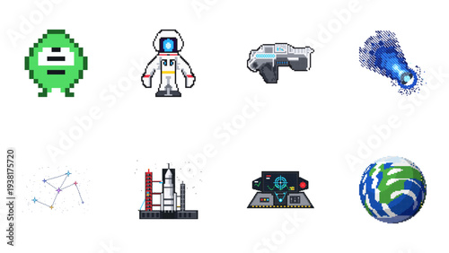 High-quality cosmic vector icon set with 8 unique pixel art assets including Alien, Astronaut, Blaster, Comet, Constellation, Dashboard, Earth, and Satellite illustrations.