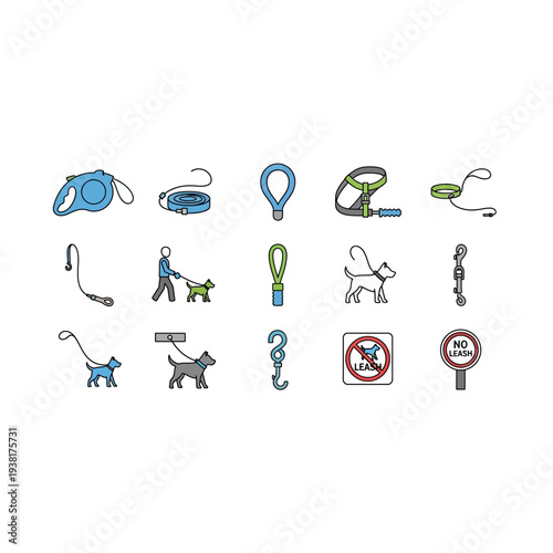 Pet Leash and Collar Icons Set. Dog Walking Accessories Pixel Art