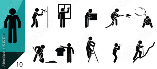 Black stickman vector set on white background, showing human figures, people, and persons doing household chores: cleaning, repairing, organizing, and daily tasks.