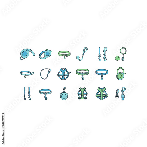 Pixel Art Pet Collar and Harness Icons Set for Animal Care