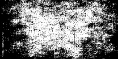 A vintage black and white abstract grunge background featuring a rough textured surface of aged concrete and dirty weathered paper with an antique metal pattern