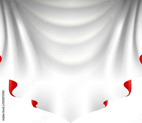 柔らかく波打つ白い布カーテンのドレープ背景素材、清潔感のあるエレガントなステージや展示空間をイメージした抽象バナー背景
