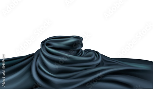 高級感のあるブラックシルク布が美しく波打つドレープ背景素材、滑らかな光沢と立体感のあるファブリックテクスチャーのラグジュアリー抽象バックグラウンド