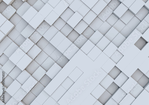 白い立体スクエアタイルが幾何学的に重なり合うミニマルモダンな3D抽象背景、テクノロジーやビジネスイメージに使えるクリーンデザイン