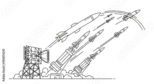 Multiple Rockets Launching from Pad.