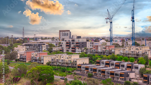 Panoramic Aerial Drone view of Inner Suburbs of Melbourne housing, roof tops, the streets and the parks, the roads and trees of Ascot Vale Moonee Ponds Brunswick Essendon and Maribyrnong in VIC Victor