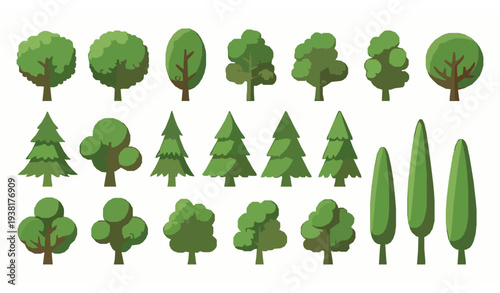 Green forest trees vector set with simple cartoon nature tree collection isolated on white