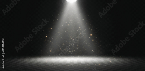 Blue stage spotlight shining a bright beam across a dark starry sky like a theater light in space