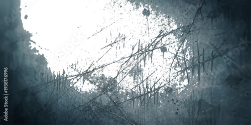 Sun rays through the window illuminate a cold winter forest landscape where snow covers the black branches of trees in an abstract white nature texture