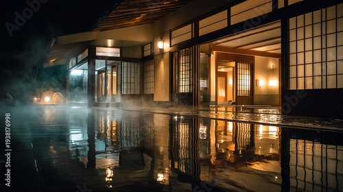 湯気が立ち上る夜の和風露天風呂と歴史ある温泉宿の建築美 - 伝統的な旅館、贅沢な旅行体験、リラクゼーション、スパの広告背景に