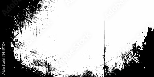 An abstract black ink splat grunge background with a dirty splatter texture pattern and artistic spray stains forming a dark vector border frame illustration for a decorative wallpaper design