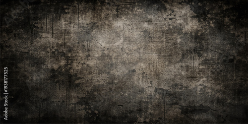 A dark vintage grunge texture featuring a rough aged concrete wall surface with a dirty black and gray pattern for a blank material backdrop
