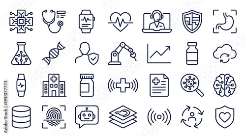 Collection of various icons representing technology, science, and business on a white background, viewed directly from above, showcasing diverse concepts and symbols.