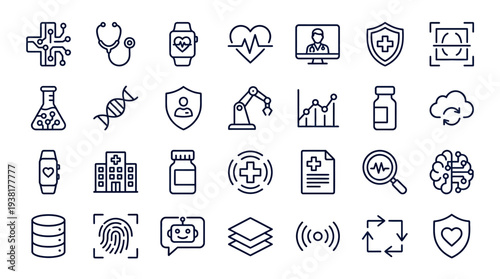 Collection of simple line icons representing medical and scientific concepts in a grid layout