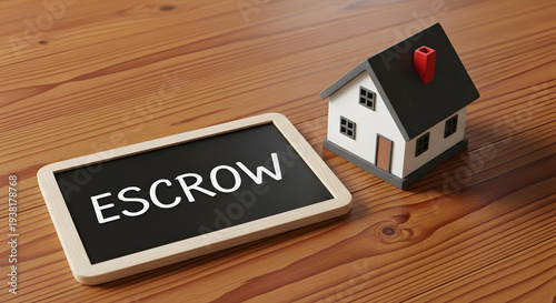 Real estate escrow service concept with miniature house and blackboard sign