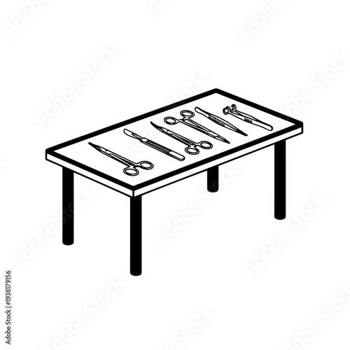 Surgical Table Operating Room Medical Equipment Black and White Vector Illustration, Adjustable Surgery Bed Hospital Line Art Icon