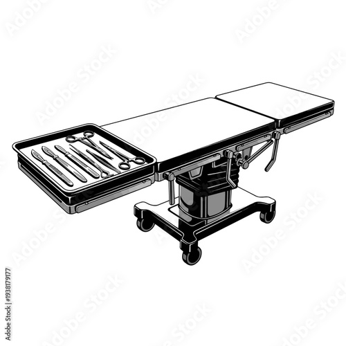 Surgical table black and white vector Surgical Table Operating Room Medical Equipment Black and White Vector Illustration, Adjustable Surgery Bed Hospital Line Art Icon