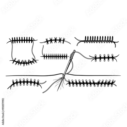 Surgical Sutures Medical Stitching Thread with Needle Black and White Vector Illustration, Surgery Wound Closure Instrument Line Art Icon