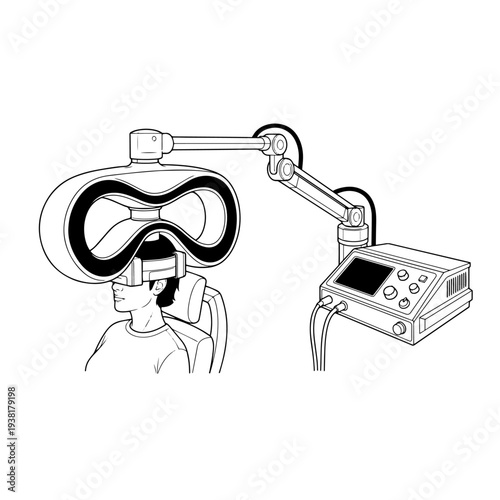 Transcranial magnetic stimulator machine black and white vectorTranscranial Magnetic Stimulator TMS Therapy Machine Black and White Vector Illustration, Brain Stimulation Neurology Treatment Device 