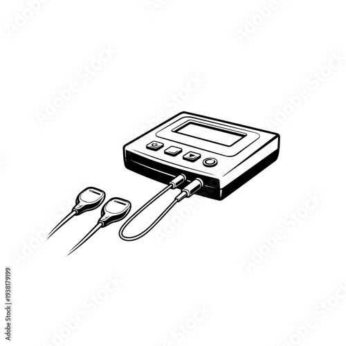 TENS Unit Electrical Nerve Stimulation Therapy Machine Black and White Vector Illustration, Pain Relief Physiotherapy Device Line Art Icon