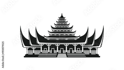 A black and white illustration of a traditional Asian temple with a tiered roof and ornate details against a clean white background.