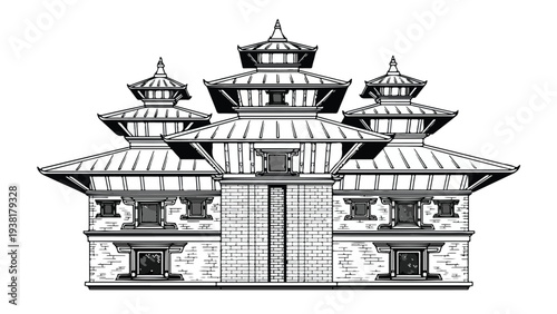 Illustration of a traditional Asian temple with multiple tiered roofs and a central entrance door on a white background.