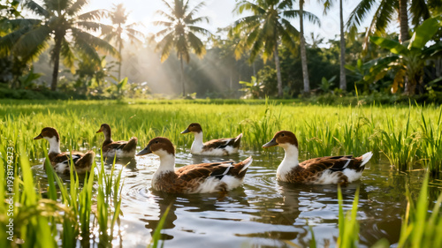 Wallpaper Mural Group of ducks swimming in a lush green rice field at sunrise with palm trees. Torontodigital.ca