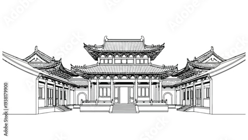 Detailed architectural drawing of a traditional Asian temple with ornate roofs and a central entrance on a white background.