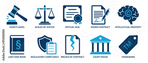 Law and Legal Services solid icon set. Containing icons for Justice, Gavel, Court House, Intellectual Property, Trademark, and Official Contract. Solid vector icons for professional use