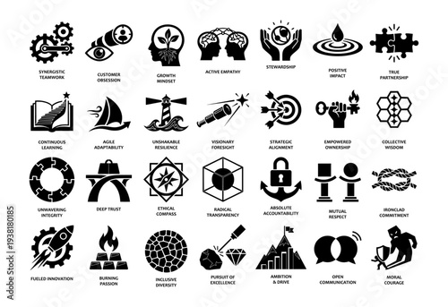 Corporate Leadership and Professional Business Values solid icon set. Containing symbols for Symbiotic Teamwork, Growth Mindset, Strategic Alignment, and Open Communication. Solid vector icons for eth
