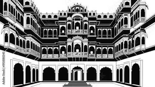 Monochromatic illustration of a large, ornate building with arches and balconies, set against a plain white background.