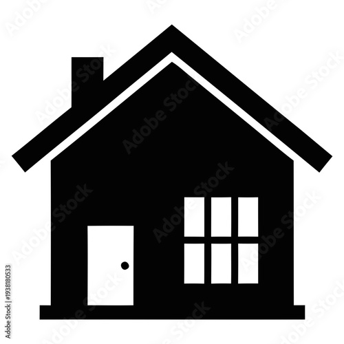 A simple black house icon with white door and window on a plain background