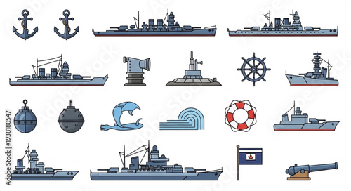 Navy Ships and Maritime Icons Set.