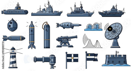 Navy Ships and Military Equipment Illustration.