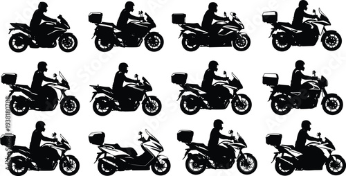 Set of motorcycle rider silhouettes in side view, collection of sport and touring motorbike delivery models isolated on white background vector illustration