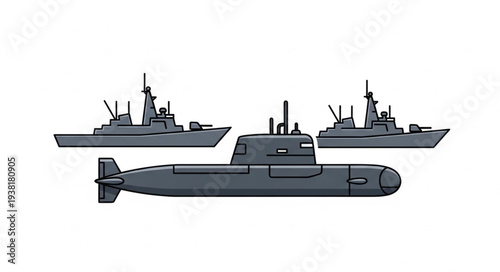 Navy Ships and Submarine Illustration.