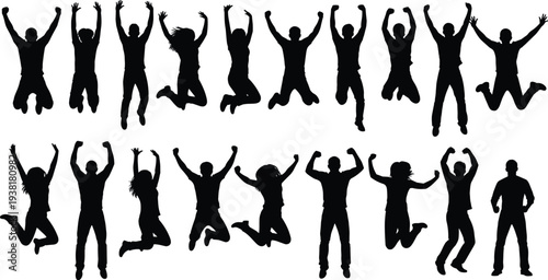 Silhouette collection of happy jumping people and diverse crowds celebrating success and freedom with raised hands for joy excitement community energy and achievement concepts