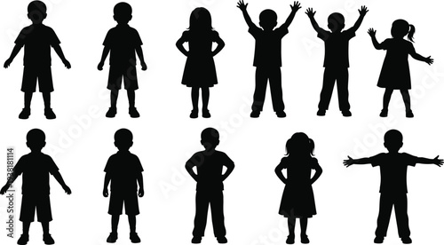 Silhouette illustration of diverse children in different poses, symbolizing childhood expression, diversity, playfulness, individuality, body language, and creative representation 