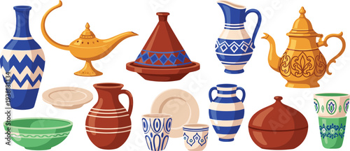 Traditional Middle Eastern Pottery and Decor Featuring Teapot Tagine Oil Lamp and Patterned Ceramics