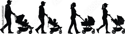 Silhouette illustration of parents pushing strollers with children, symbolizing family care, parenting, childcare, diversity, and modern lifestyle roles in everyday society
