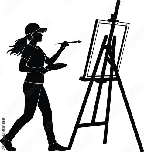 Silhouette of a Female Artist Wearing a Cap Standing and Painting on a Canvas with an Easel Isolated on White Background for Creative Arts Concepts