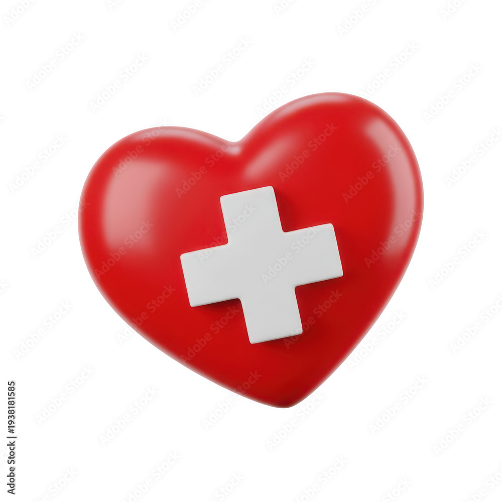 Obraz premium A red heart-shaped object with a white cross symbol in the center isolated on transparent background