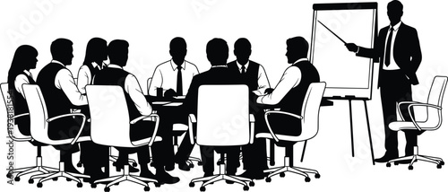 Silhouette of a professional business team having a corporate meeting with a male leader presenting data on a whiteboard in a boardroom office setting