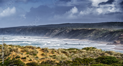 Portugal atlantic coast with heavy stormy weather waves