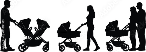 Silhouettes of parents walking with baby strollers and double prams featuring a father mother and couple isolated on white background for parenting concepts