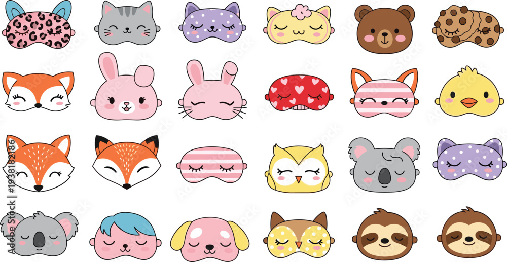 Fototapeta premium Kawaii Sleep Mask and Animal Character Set Featuring Foxes Bunnies Koalas and Sloths
