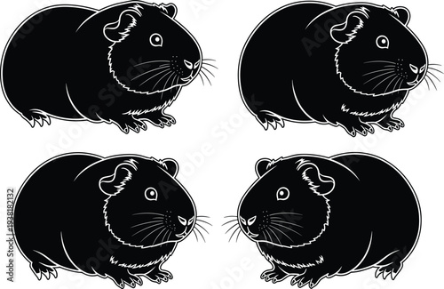 Stylized black and white symmetrical illustration of four guinea pigs arranged in grid pattern, showcasing detailed features, side profile view, artistic design, and balanced composition.