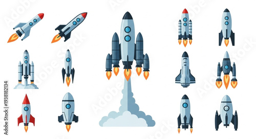 Collection of cartoon rockets and spaceships in various designs.