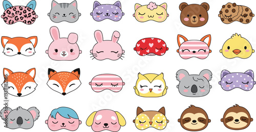 Kawaii Sleep Mask and Animal Character Set Featuring Foxes Bunnies Koalas and Sloths