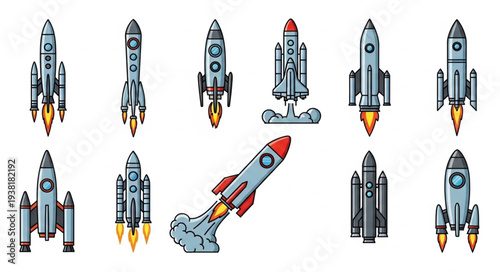 Collection of Retro Pixel Art Spaceships and Rockets Flying.